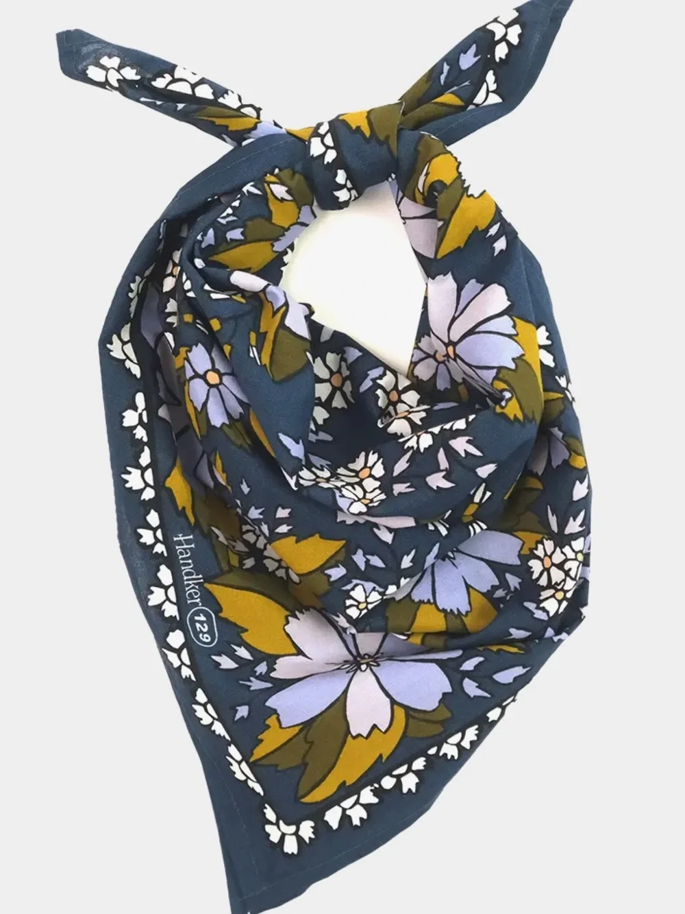 Handker Bandanas Floral Print Scarf in Navy, Lilac & Mustard